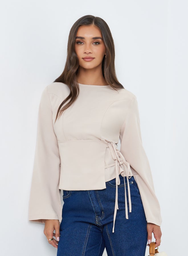 ستايلي بلوزة نسائية بيج بأكمام طويلة ورباط جانبي - Image 4